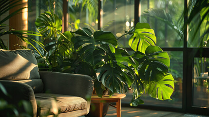 Wall Mural - A cozy living room bathed in soft sunlight, featuring a comfortable gray sofa and a vibrant Monstera plant by a large window.