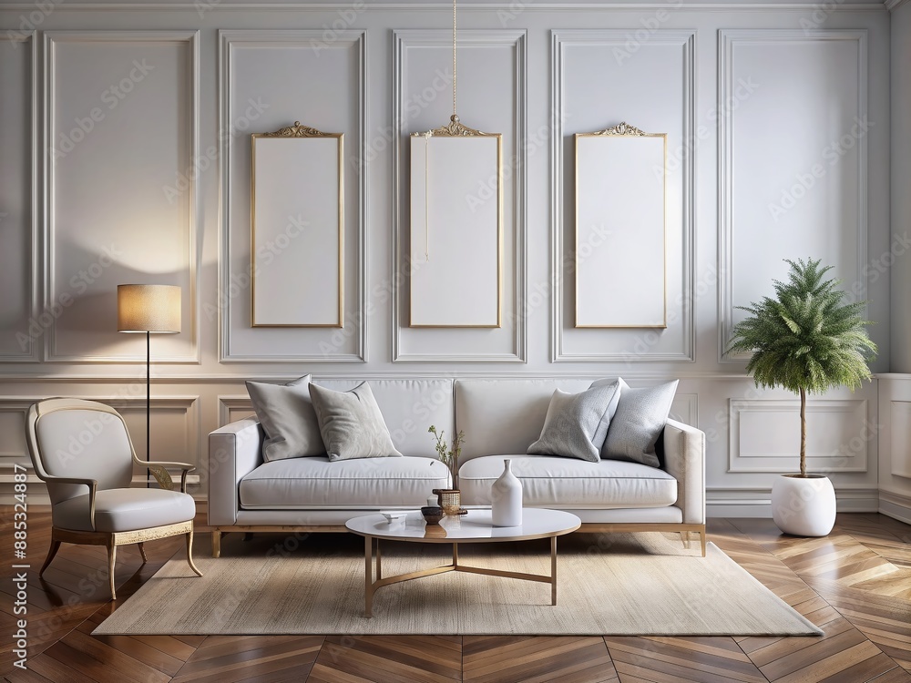 Elegant white canvas backdrop frames sleek minimalist furniture ...