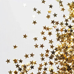 Wall Mural - white background with golden stars confetti on the edges, flat lay