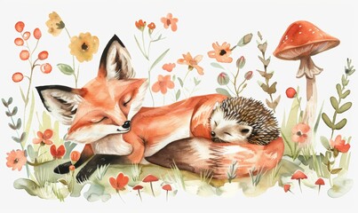 Illustration of woodland baby animals watercolor nursery bunny bear fox bird hedgehog