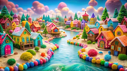 Poster - Village made of candy and cotton candy with colorful houses and a flowing river , candy, cotton candy, village, confectionery