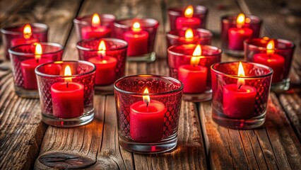 Sticker - Vibrant red candles in elegant glass holders adorn a rustic wooden table, casting a warm glow amidst a serene and intimate ambiance of soft shadows.