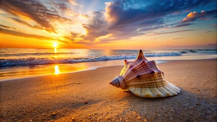 Sticker - Seashell resting on sandy beach as the sun sets in the background, seashell, beach, sunset, ocean, sand, nature, sunset, dusk