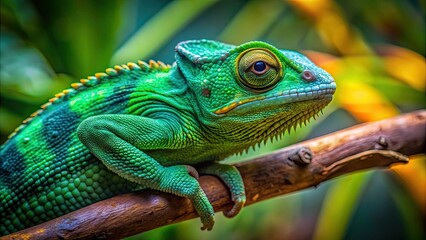 Poster - Green chameleon lizard blending in on a branch, chameleon, lizard, green, camouflage, nature, reptile, branch, wildlife