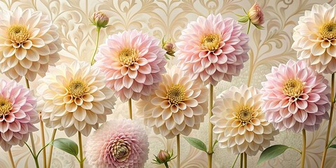 Canvas Print - Beautiful dahlias in delicate pastel colors with gold decorations on decorative wallpaper , dahlias, pastel colors