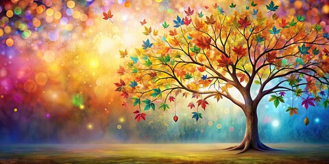 Wall Mural - Colorful tree with hanging branches filled with multicolor leaves on abstract background , floral, tree, colorful