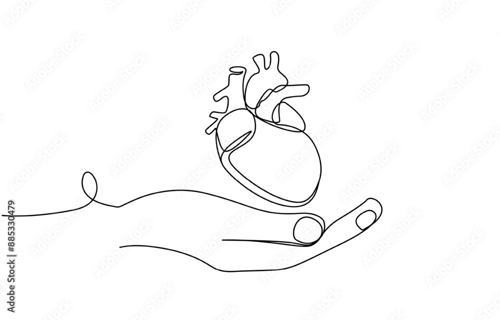 Single continuous line art anatomical human heart with hand silhouette ...