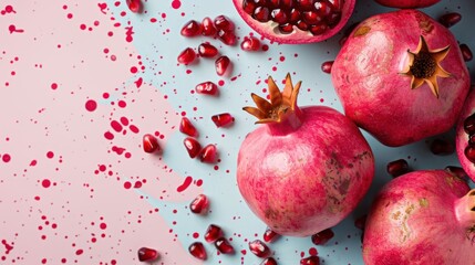 a close-up image featuring two pomegranates and their seeds scattered across a colorful surface, cap