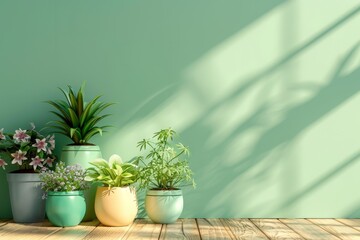 Wall Mural - The home garden interior is filled with beautiful plants, cacti, succulents, air plants in a variety of pots. There is also a green wall. The concept is home gardening.