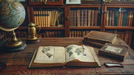 Antique Globe and Books on Wooden Table.