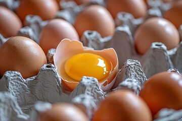 Canvas Print - One egg is broken with a bright yolk among other whole brown eggs in a carton. The central location of the broken egg in the tray draws attention to its freshness and natural origin.