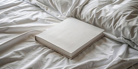 Poster - A blank book cover resting on a pillow on a bed , book, blank, cover, pillow, bed, white, empty, literature, reading, relaxation