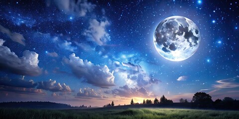 Poster - A beautiful and serene starry night sky with a full moon shining, starry night, night sky, stars, moon, midnight, celestial