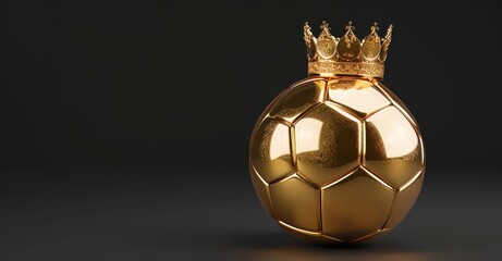 Printed gold soccer ball on black background illustration with golden king crown competition trophy champion cup of victory honor prize on top, isolated on black background illustration.