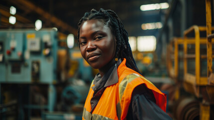 african american woman in a factory setting, wearing an orange safety vest and looking confidently at the camera. The industrial background suggests she is involved in manufacturing