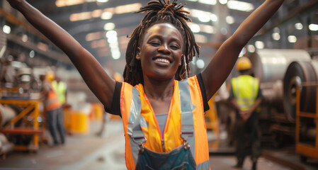 african american woman enjoying in a factory setting, wearing an orange safety vest . The industrial background suggests she is involved in manufacturing