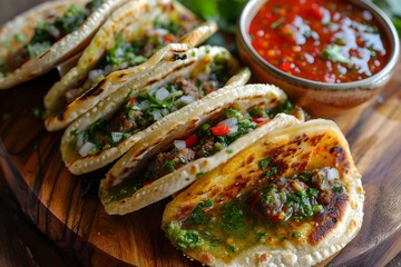 Delicious Tacos with Fresh Salsa on a Wooden Platter