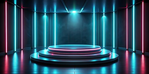 Sticker - Futuristic podium with neon lights in a dark room for product showcase or award ceremony , technology, futuristic