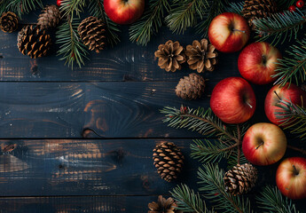 Christmas background with fir branches, red apples and pine cones on a dark wooden table. Top down view. Items arranged flatly. View from above. Black wood texture background. Space for adding text.