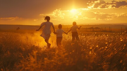 Sunset children run in the park at sunset. Friendly family concept. A group of children run on the grass at the sun silhouette and have fun. Childhood dream concept.