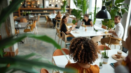 A cozy café scene with people engaging in work and social activities, filled with warm lighting, plants, and a comfortable atmosphere, representing the blend of productivity and relaxation.