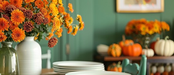 Table decor featuring pumpkins, flowers, and a green wall in the background