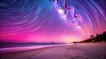 Wall Mural - Pink beach illuminated by starry magic star trail against a bright galaxy backdrop, pink beach, starry night