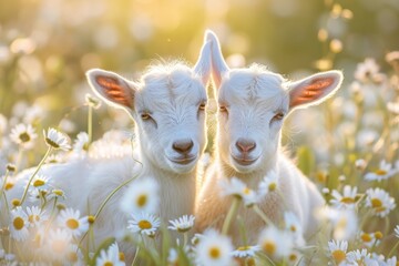 Animals playing with flowers in a field. Cute baby goats.