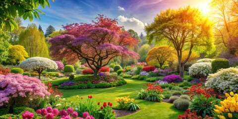 Sticker - A vibrant collage of a lush garden with blooming trees and colorful flowers, garden, trees, flowers, nature, collage