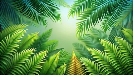 Wall Mural - Digitally illustrated scene of layered fern and palm fronds, digital , tropical, nature, plants, greenery, leaves, botanical