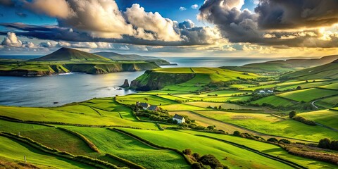 Wall Mural - Travel poster featuring an of the lush green landscapes of Ireland , Ireland, travel, poster,landscape, green, lush, scenic