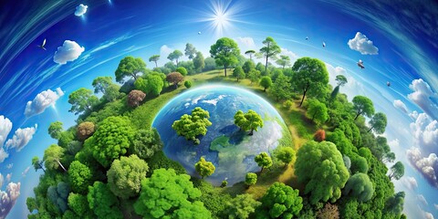 Wall Mural - A vibrant and lush green planet filled with trees, plants, and clear blue skies, ecosystem, sustainability