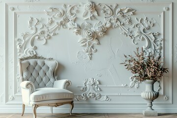 Interior of a contemporary, luxurious room featuring floral vases and botanical bas relief wildflowers.