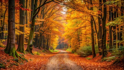 Sticker - A beautiful path covered in rustically colored leaves leading through the autumn forest , Autumn, path, trail, leaves, colors