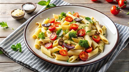 Canvas Print - Pasta dish with roasted vegetables in a creamy sauce , pasta, vegetables, healthy, vegetarian, Italian, delicious