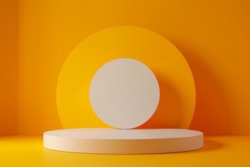 Poster - A 3D rendering of an abstract plinth display with a modern stand podium on a yellow room background. Rendering is of an empty display shelf or a backdrop to an exhibition stage.