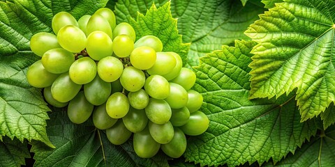 Canvas Print - Green juicy grape sitting on vibrant green leaves, top view food, grape, green, juicy, leaves, fresh, organic, natural