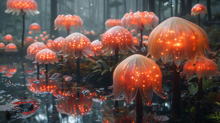 Wall Mural - Glowing Jellyfish-like Plants in Mystical Forest