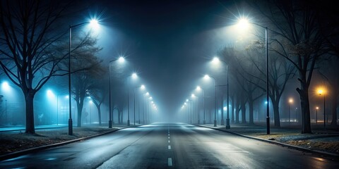 Poster - Empty dark night street with light and fog, night, street, dark, empty, light, fog, urban, cityscape, atmosphere, mood, mysterious