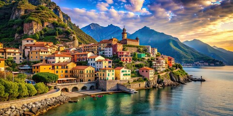 Poster - Charming 1950s Italian coastal town overlooking panoramic mountain views, Italy, coastal, town, 1950s, vintage