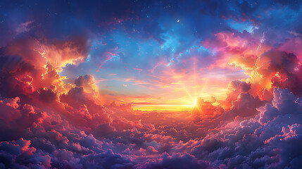 stunning sunset over a dreamy sky filled with colorful clouds, creating a surreal and breathtaking c