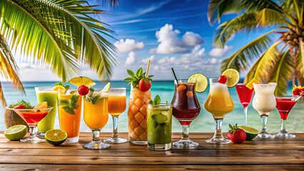 Wall Mural - Colorful assortment of cocktails and juices on a tropical beach bar, beverages, drinks, cocktails, tropical, beach, summer