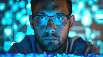 Software developer infront of a computer glowing blue tech background