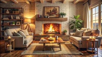 Sticker - Interior of a cozy living room with a crackling fire , home decor, furniture, fireplace, comfort, relaxation, cozy