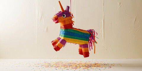 Wall Mural - Party pinata, bright colorful donkey shape isolated, background for copy, space for text