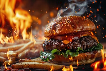 Wall Mural - Close-up of home made tasty burger with french fries and fire flames.