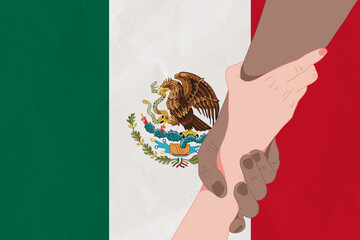 Wall Mural - Helping hand against the Mexico flag. The concept of support. Two hands taking each other. A helping hand for those injured in the fighting, lend a hand