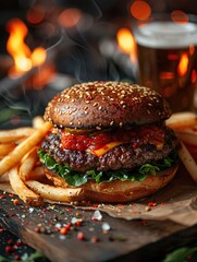 Wall Mural - Close-up of home made tasty burger with french fries and fire flames.