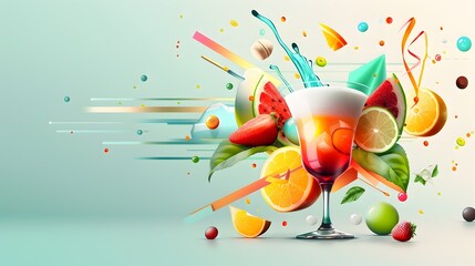 Sticker - Vibrant Cocktail-Inspired Graphic Design with Splashing Fruit Elements