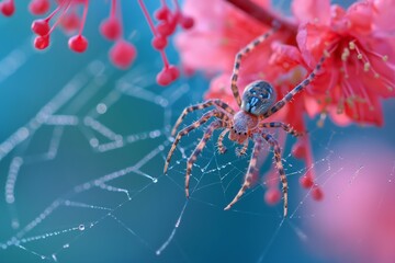 A colorful spider carefully weaves its intricate web among vibrant pink flowers, adorned with dewdrops, in close-up.